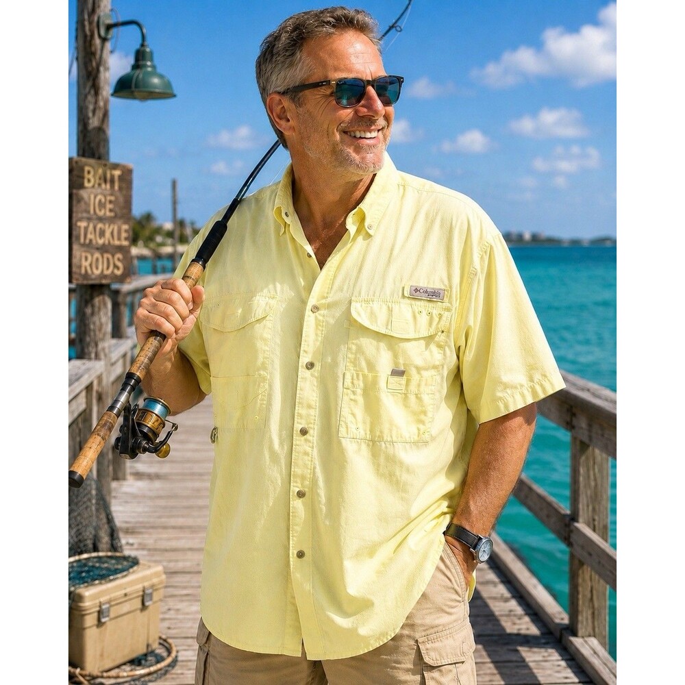Columbia PFG Fishing Shirt 3X Yellow Green Vented Cotton Button Front Men Top
